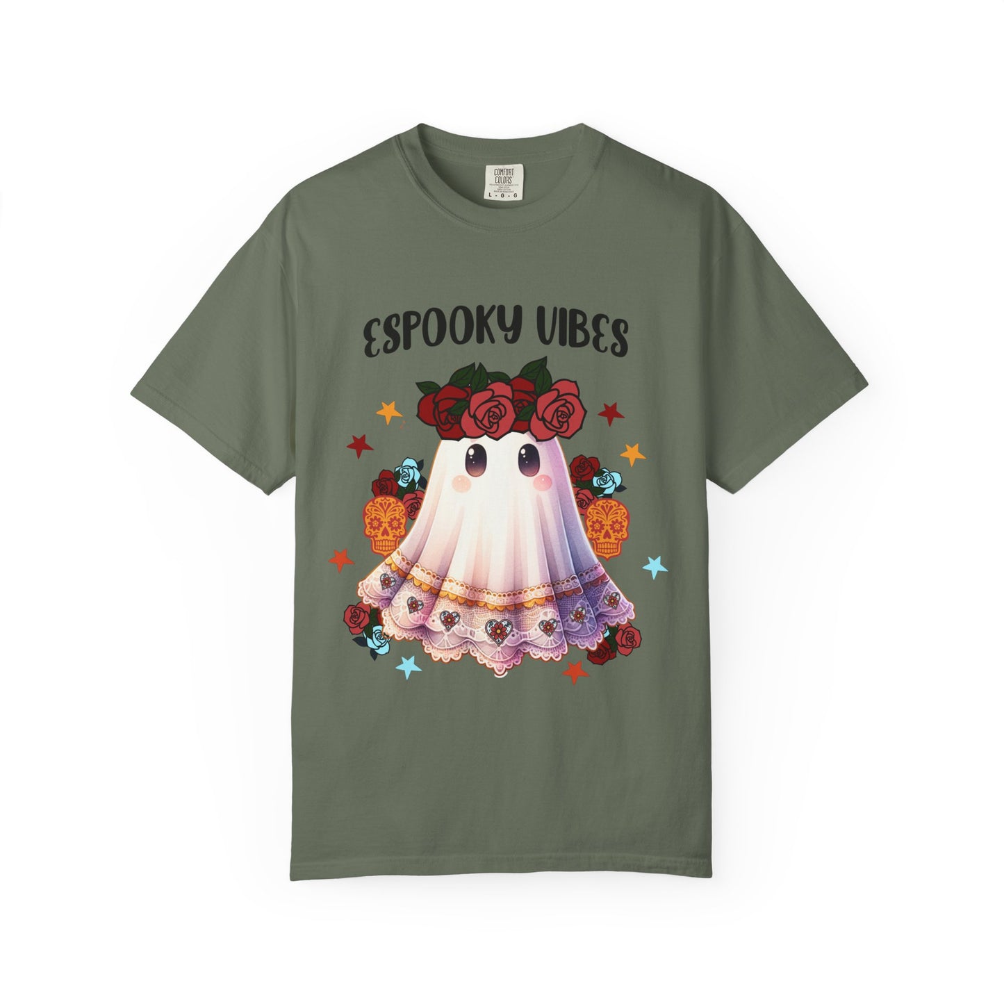 Short sleeve "ESPOOKY VIBES" comfort color t-shirt.